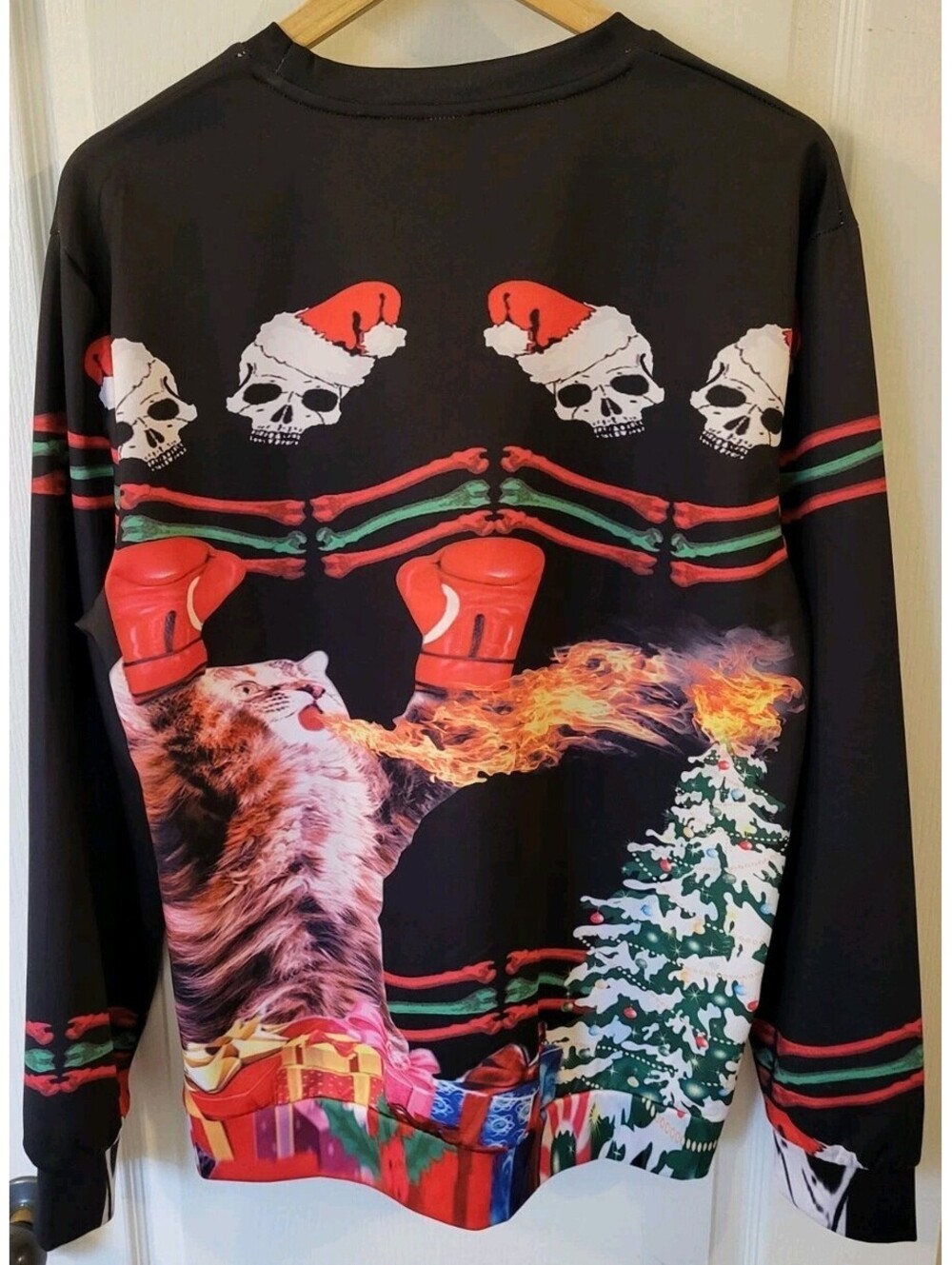 Funny Cat Boxing Fire-Breathing Christmas Sweater Ugly Xmas Unisex Pullover - Picture 3 of 9